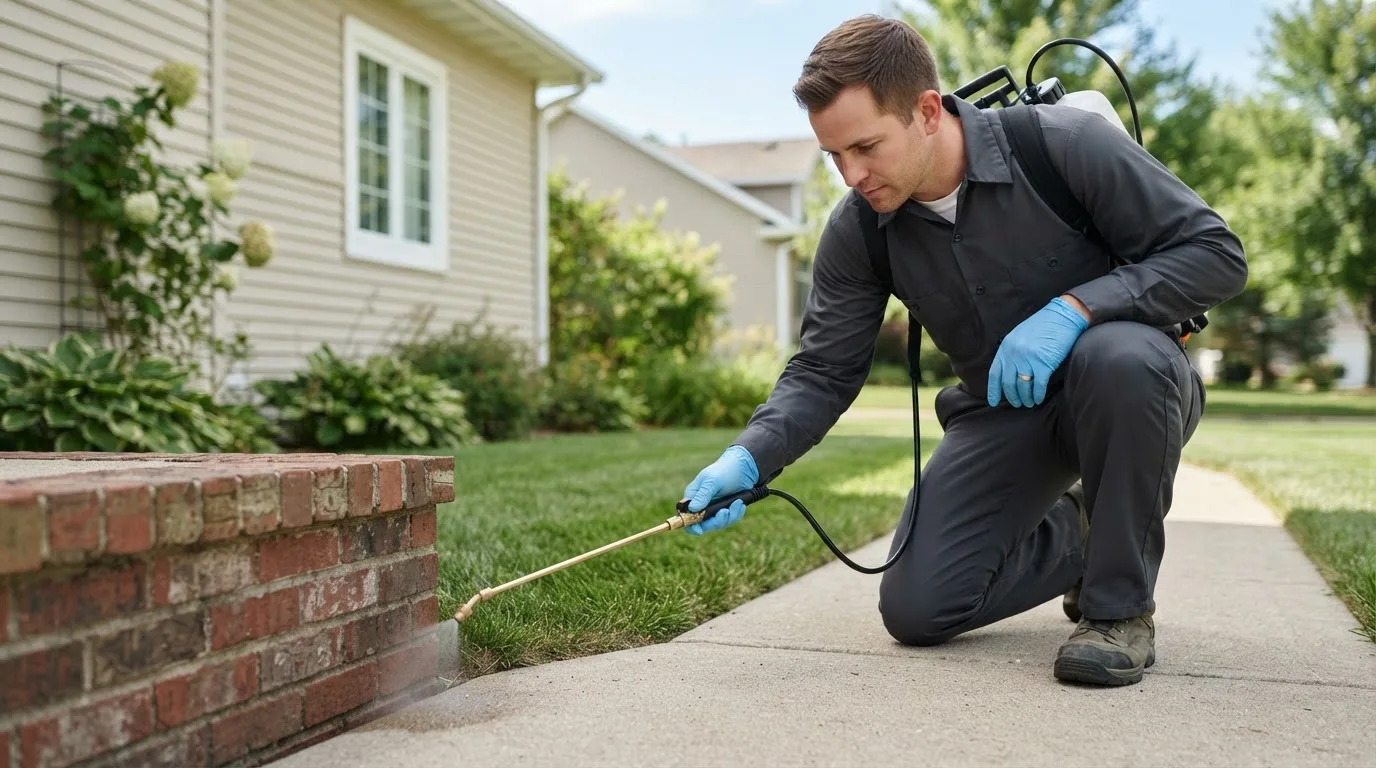 Pest control technician treating a home near West Green, GA